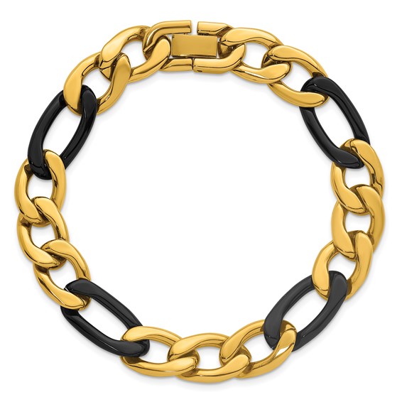 StainlessSteel Polished Black and Yellow IP 11mm Figaro Link 8.5in Bracelet