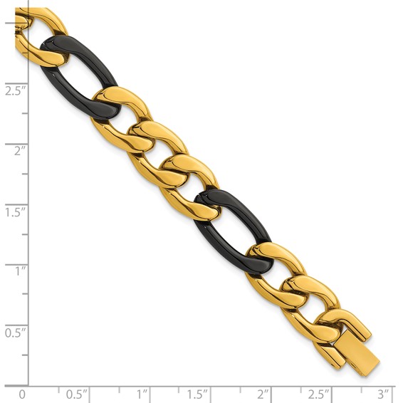 StainlessSteel Polished Black and Yellow IP 11mm Figaro Link 8.5in Bracelet