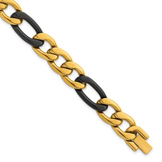 StainlessSteel Polished Black and Yellow IP 11mm Figaro Link 8.5in Bracelet