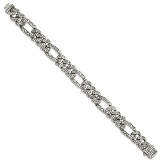Stainless Steel Polished 12mm Full Crystal Figaro Link 7.25in Bracelet