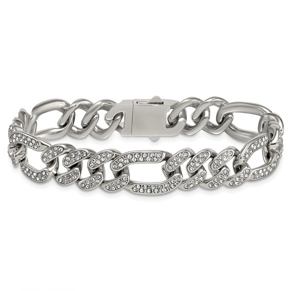 Stainless Steel Polished 12mm Full Crystal Figaro Link 7.25in Bracelet
