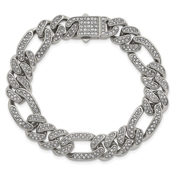 Stainless Steel Polished 12mm Full Crystal Figaro Link 7.25in Bracelet