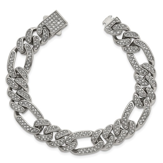 Stainless Steel Polished 12mm Full Crystal Figaro Link 7.25in Bracelet