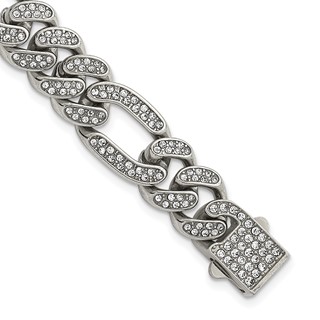 Stainless Steel Polished 12mm Full Crystal Figaro Link 7.25in Bracelet