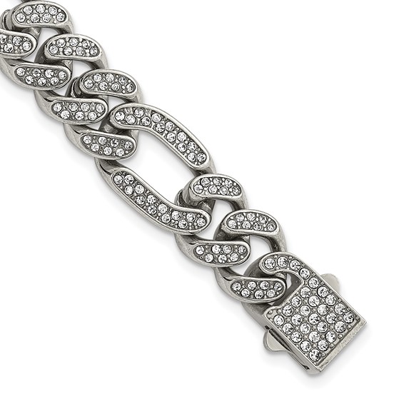 Stainless Steel Polished 12mm Full Crystal Figaro Link 7.25in Bracelet