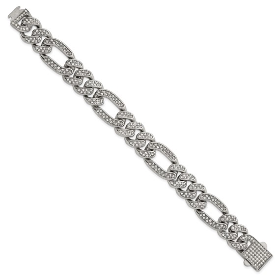 Stainless Steel Polished 16mm Full Crystal Figaro Link 8in Bracelet