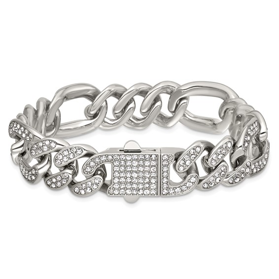 Stainless Steel Polished 16mm Full Crystal Figaro Link 8in Bracelet