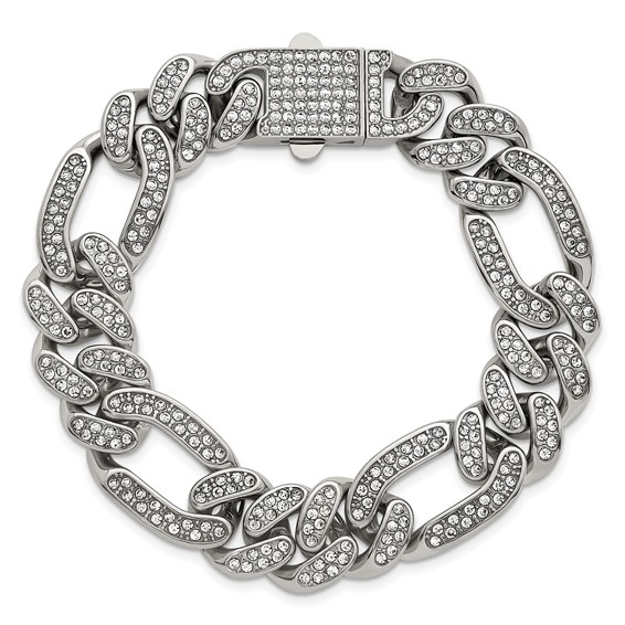 Stainless Steel Polished 16mm Full Crystal Figaro Link 8in Bracelet