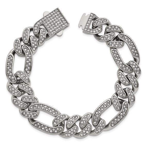 Stainless Steel Polished 16mm Full Crystal Figaro Link 8in Bracelet