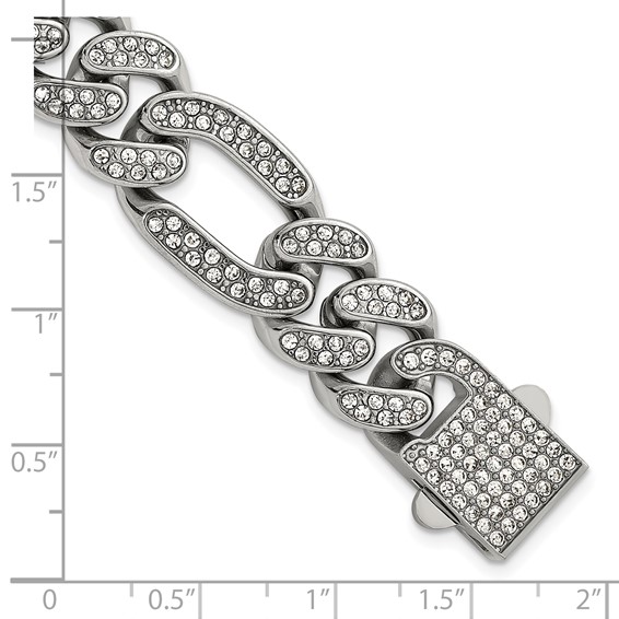 Stainless Steel Polished 16mm Full Crystal Figaro Link 8in Bracelet