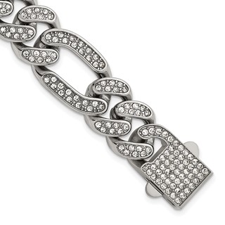 Stainless Steel Polished 16mm Full Crystal Figaro Link 8in Bracelet