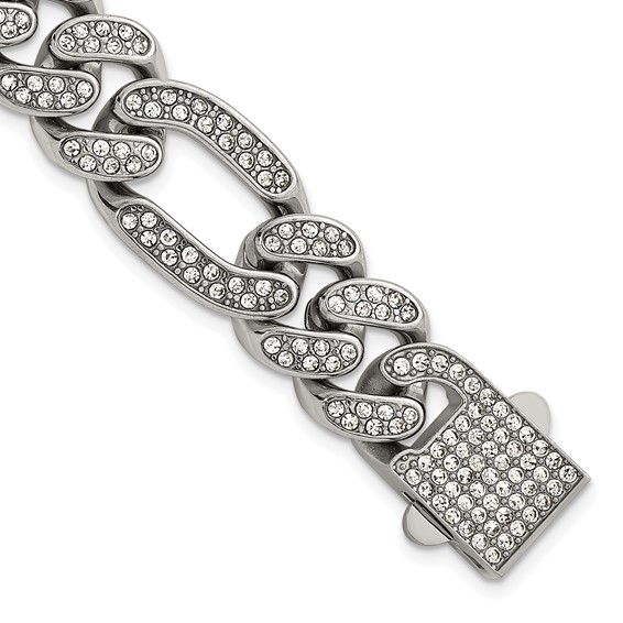 Stainless Steel Polished 16mm Full Crystal Figaro Link 8in Bracelet