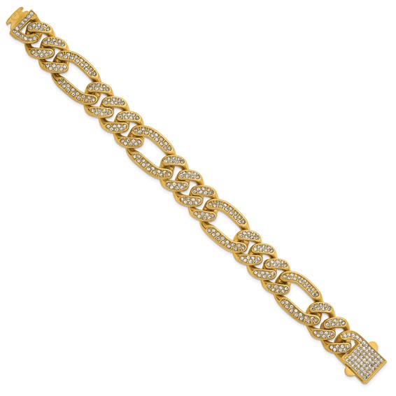 Stainless Steel Polished Yellow IP 16mm Full Crystal Figaro Link Bracelet