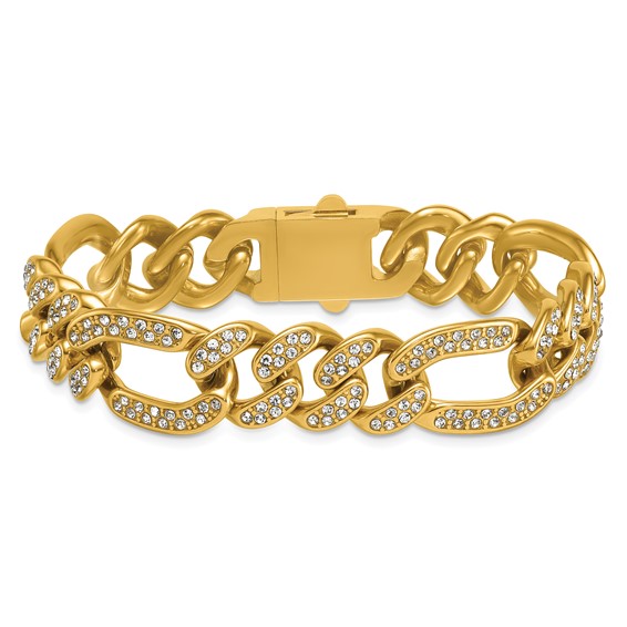 Stainless Steel Polished Yellow IP 16mm Full Crystal Figaro Link Bracelet