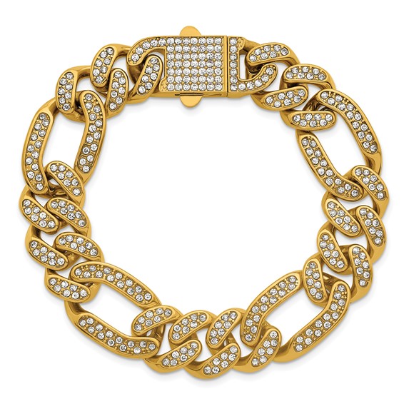 Stainless Steel Polished Yellow IP 16mm Full Crystal Figaro Link Bracelet