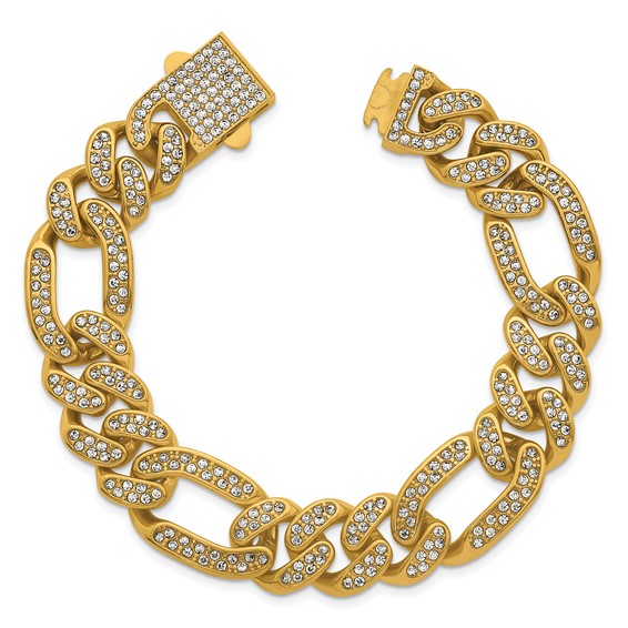 Stainless Steel Polished Yellow IP 16mm Full Crystal Figaro Link Bracelet