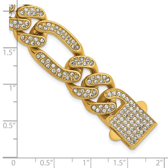 Stainless Steel Polished Yellow IP 16mm Full Crystal Figaro Link Bracelet