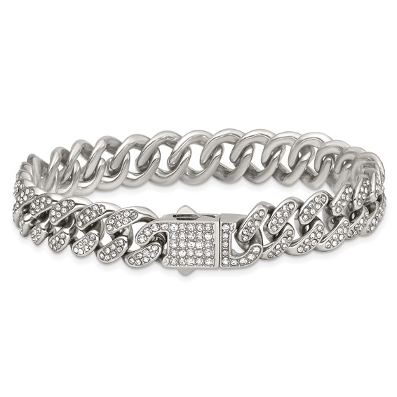 Stainless Steel Polished 11mm Full Crystal Curb Link 8in Bracelet