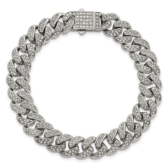Stainless Steel Polished 11mm Full Crystal Curb Link 8in Bracelet