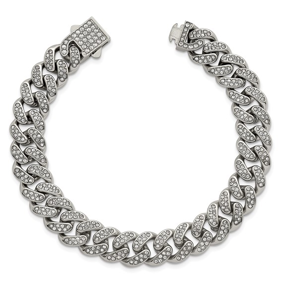 Stainless Steel Polished 11mm Full Crystal Curb Link 8in Bracelet
