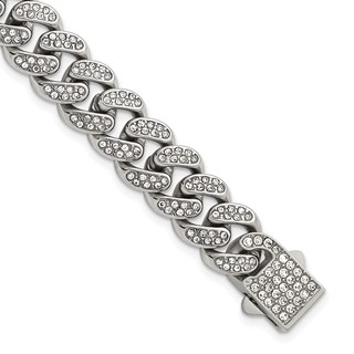 Stainless Steel Polished 11mm Full Crystal Curb Link 8in Bracelet