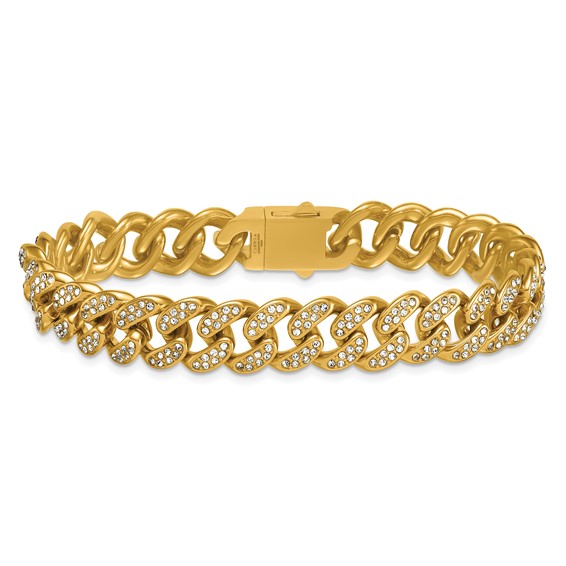 Stainless Steel Polished Yellow IP 11mm Full Crystal Curb Link 8in Bracelet