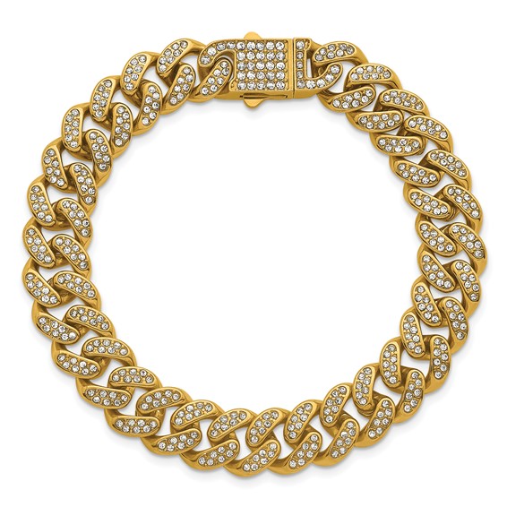 Stainless Steel Polished Yellow IP 11mm Full Crystal Curb Link 8in Bracelet