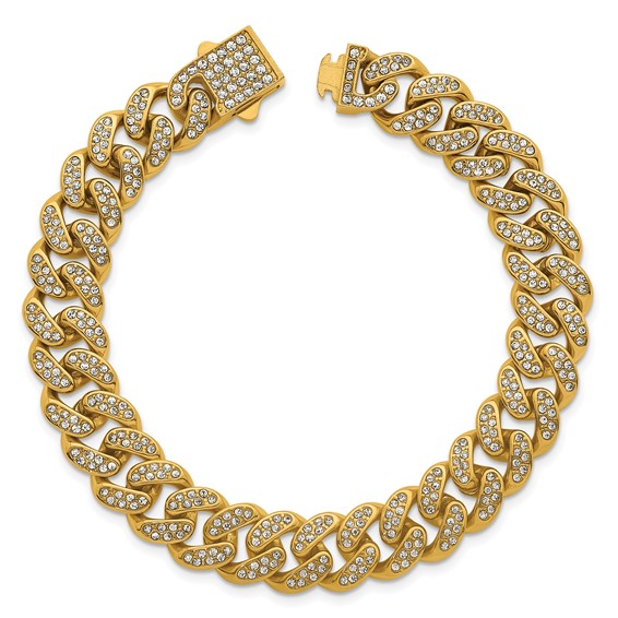 Stainless Steel Polished Yellow IP 11mm Full Crystal Curb Link 8in Bracelet