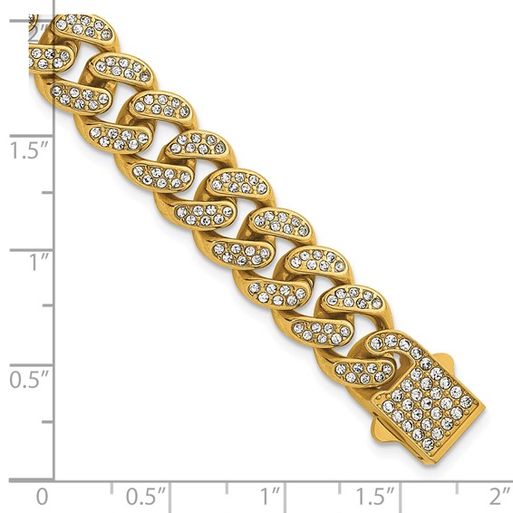 Stainless Steel Polished Yellow IP 11mm Full Crystal Curb Link 8in Bracelet
