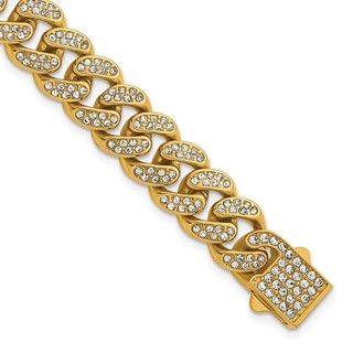 Stainless Steel Polished Yellow IP 11mm Full Crystal Curb Link 8in Bracelet
