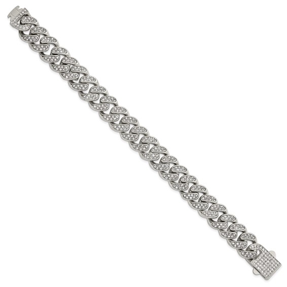 Stainless Steel Polished 15mm Full Crystal Curb Link 8.5in Bracelet