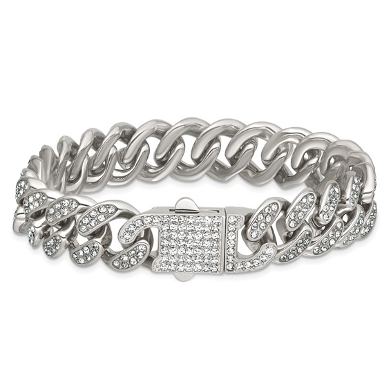 Stainless Steel Polished 15mm Full Crystal Curb Link 8.5in Bracelet