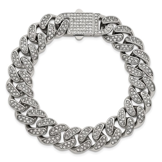 Stainless Steel Polished 15mm Full Crystal Curb Link 8.5in Bracelet