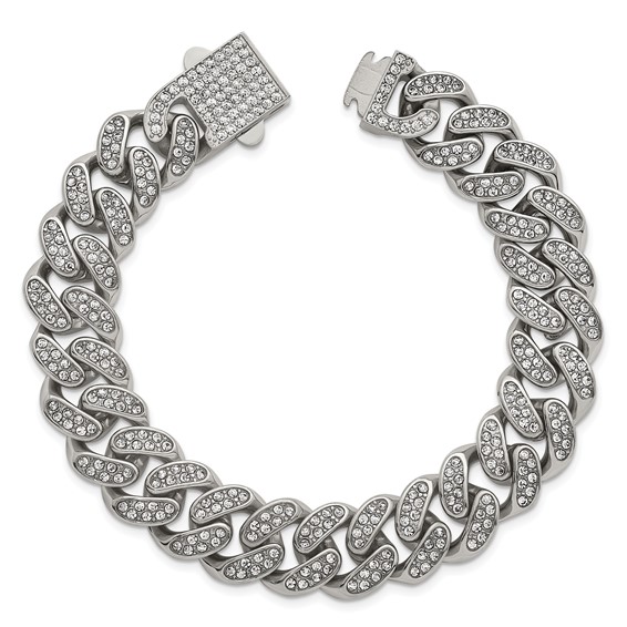Stainless Steel Polished 15mm Full Crystal Curb Link 8.5in Bracelet