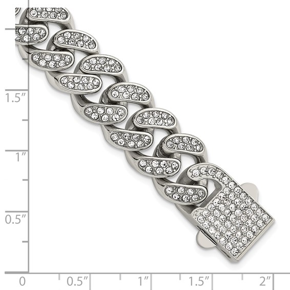 Stainless Steel Polished 15mm Full Crystal Curb Link 8.5in Bracelet
