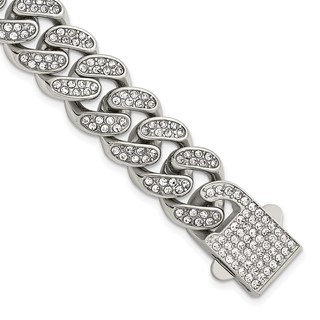 Stainless Steel Polished 15mm Full Crystal Curb Link 8.5in Bracelet