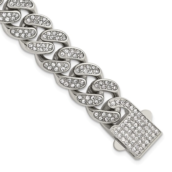 Stainless Steel Polished 15mm Full Crystal Curb Link 8.5in Bracelet