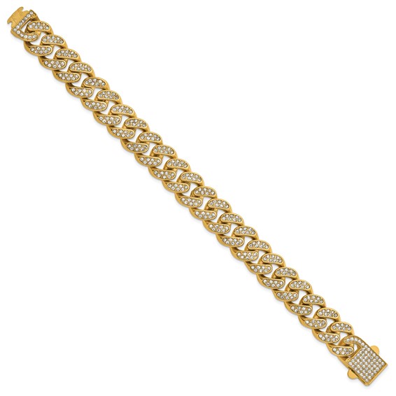 Stainless Steel Polished Yellow IP 15mm Full Crystal Curb Link Bracelet