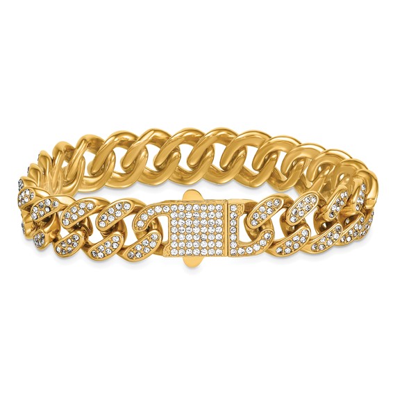 Stainless Steel Polished Yellow IP 15mm Full Crystal Curb Link Bracelet