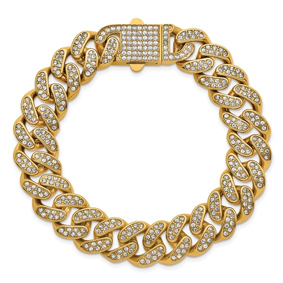 Stainless Steel Polished Yellow IP 15mm Full Crystal Curb Link Bracelet