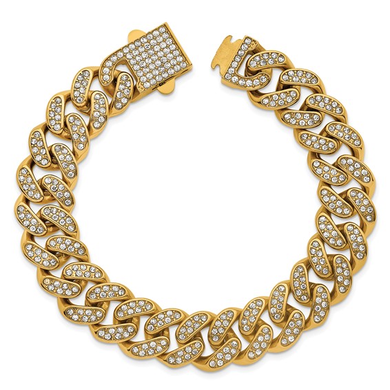 Stainless Steel Polished Yellow IP 15mm Full Crystal Curb Link Bracelet