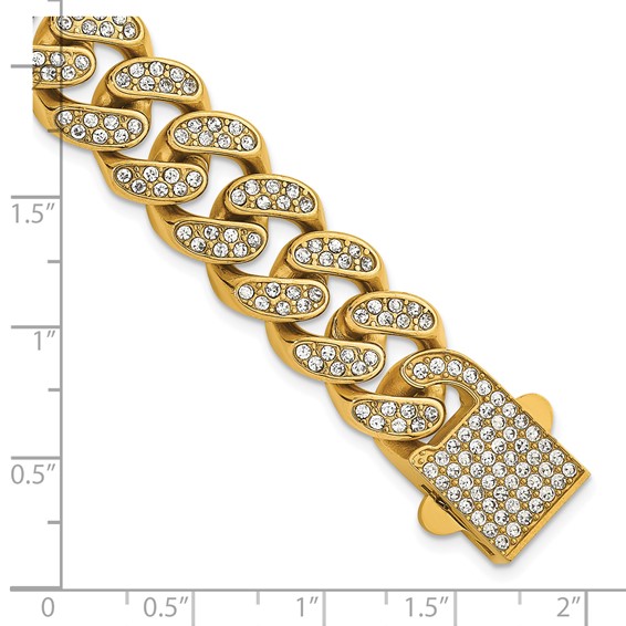 Stainless Steel Polished Yellow IP 15mm Full Crystal Curb Link Bracelet
