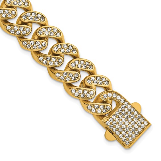 Stainless Steel Polished Yellow IP 15mm Full Crystal Curb Link Bracelet