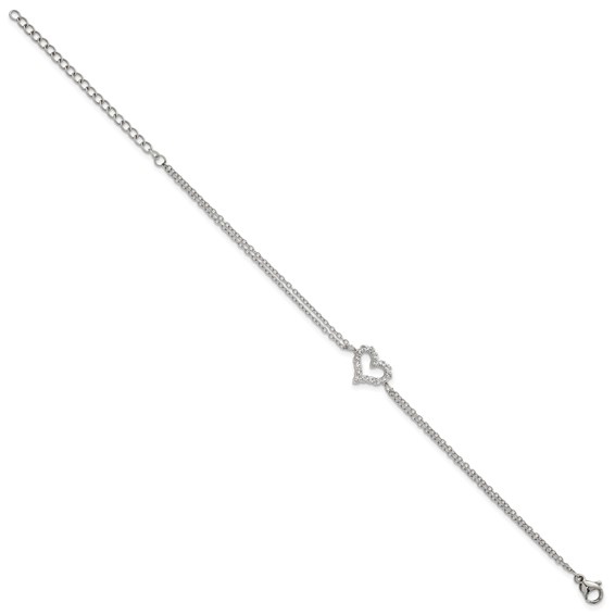 Stainless Steel Polished CZ Heart 6in with 2in ext. 2-Strand Bracelet