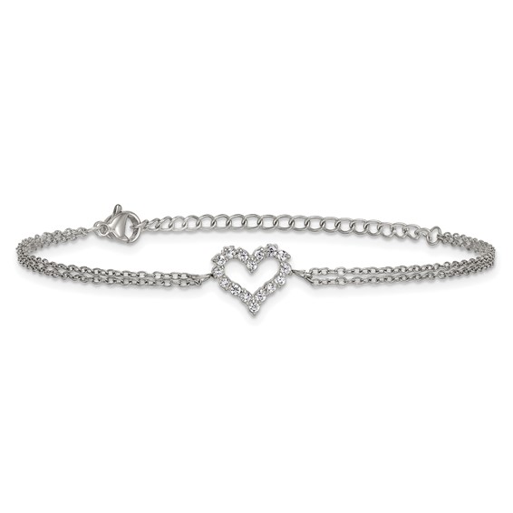 Stainless Steel Polished CZ Heart 6in with 2in ext. 2-Strand Bracelet