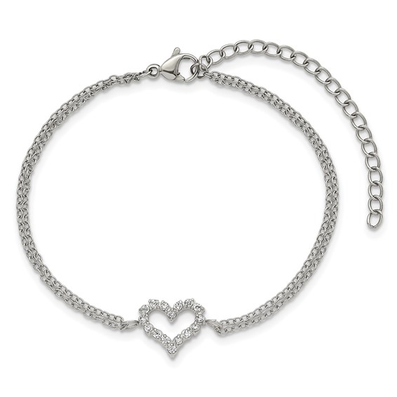 Stainless Steel Polished CZ Heart 6in with 2in ext. 2-Strand Bracelet