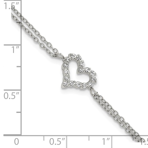 Stainless Steel Polished CZ Heart 6in with 2in ext. 2-Strand Bracelet