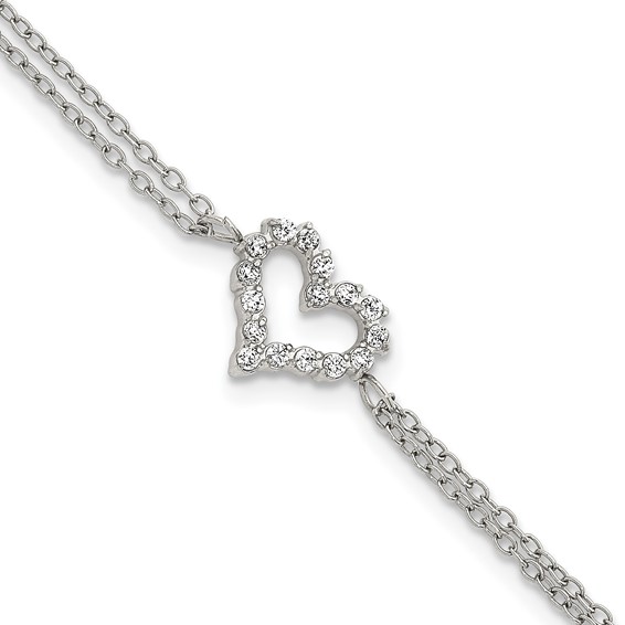 Stainless Steel Polished CZ Heart 6in with 2in ext. 2-Strand Bracelet