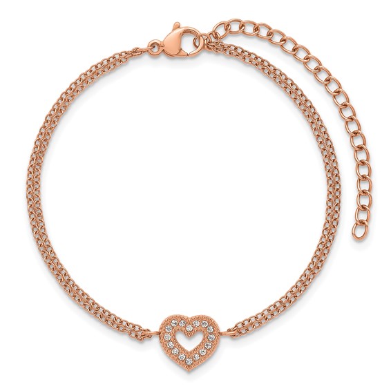 Stainless Steel Polished Rose IP CZ Heart 6in w/2in ext. 2-Strand Bracelet