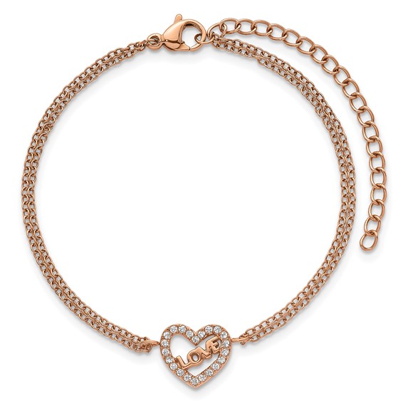 Stainless Steel Polished Rose IP CZ Heart w/LOVE 6in w/2in ext. Bracelet